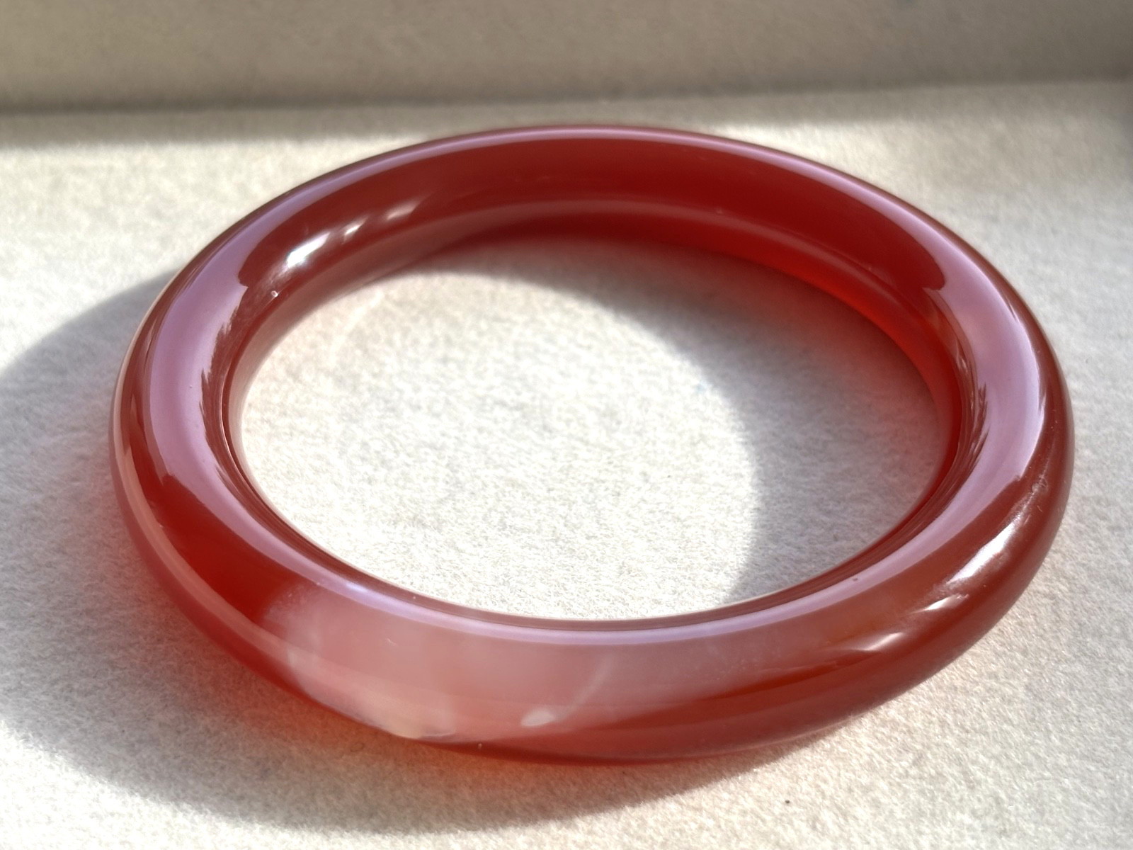 57mm Chunky Carnelian Red Agate Bangle 10.5mm Full Round with White Cloud Accent