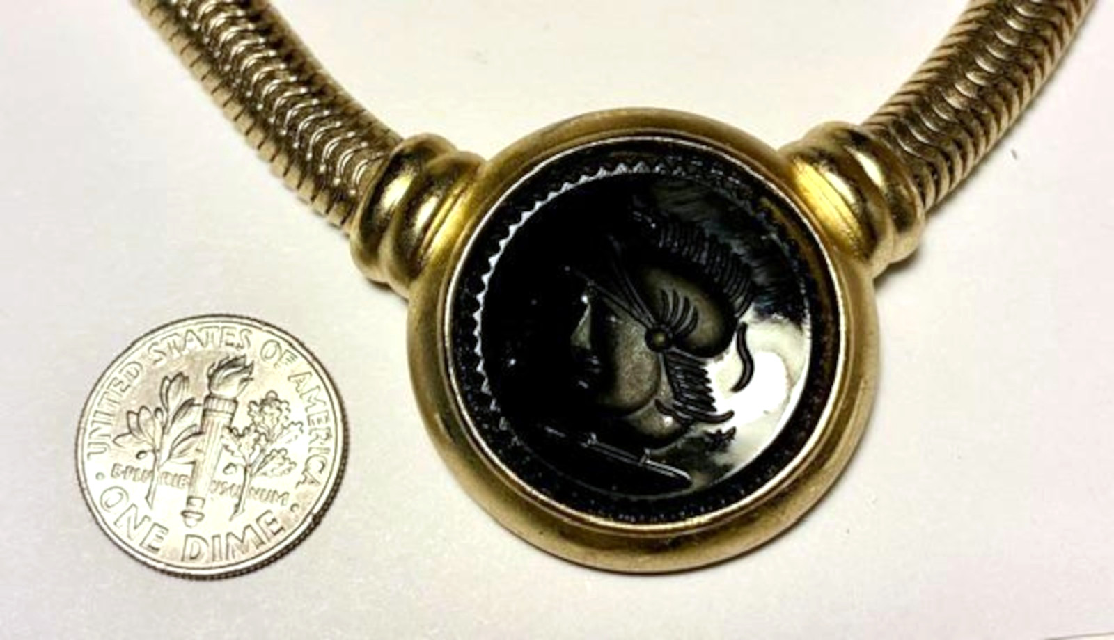 BEN-AMUN Vintage ROMAN HEAD Intaglio BLACK Statement CHOKER/Necklace SNAKE CHAIN