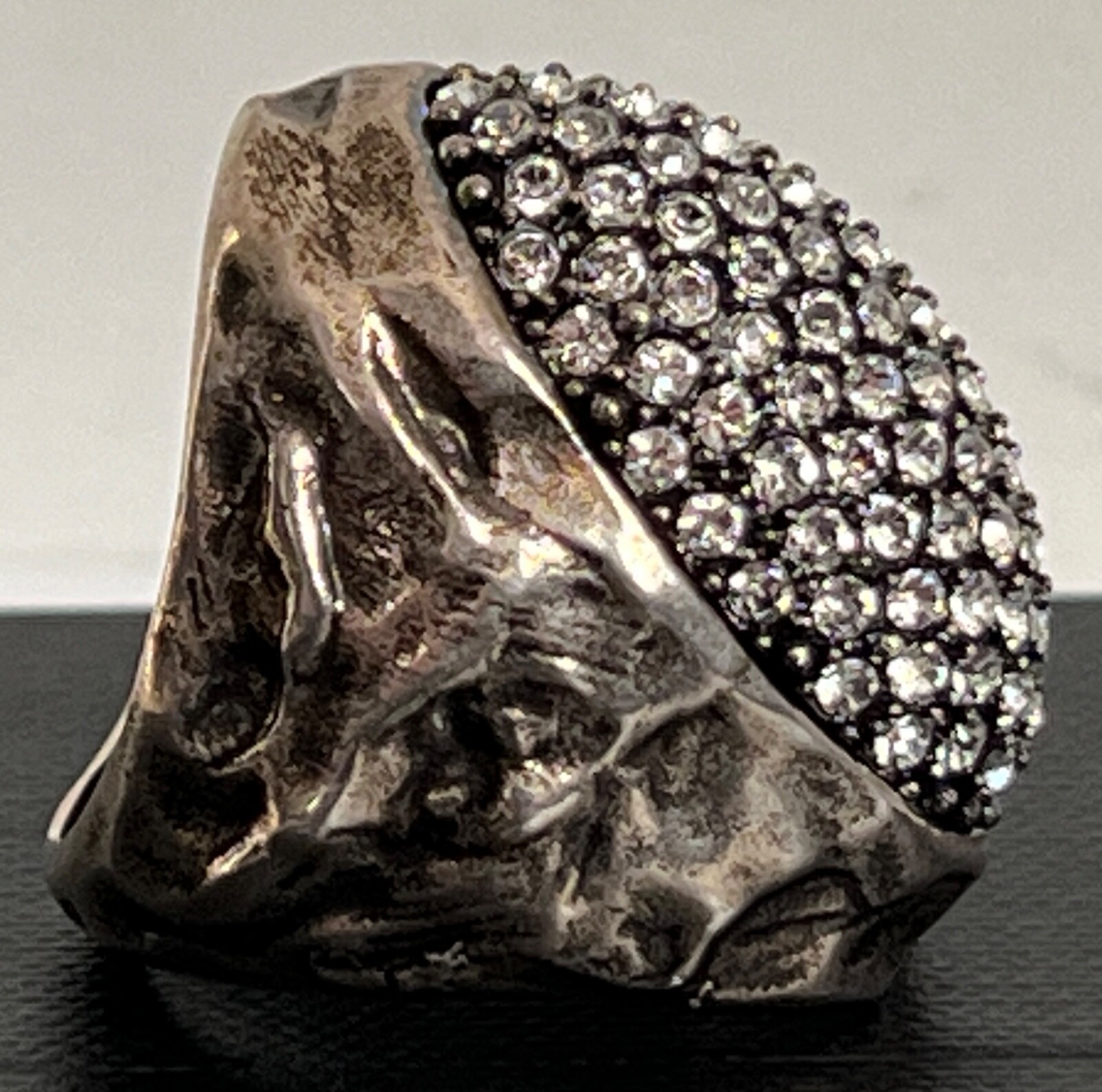 NIB Saint Laurent YSL Crystal Egg Molten Silver Brass Dome Cocktail Ring 7 $895