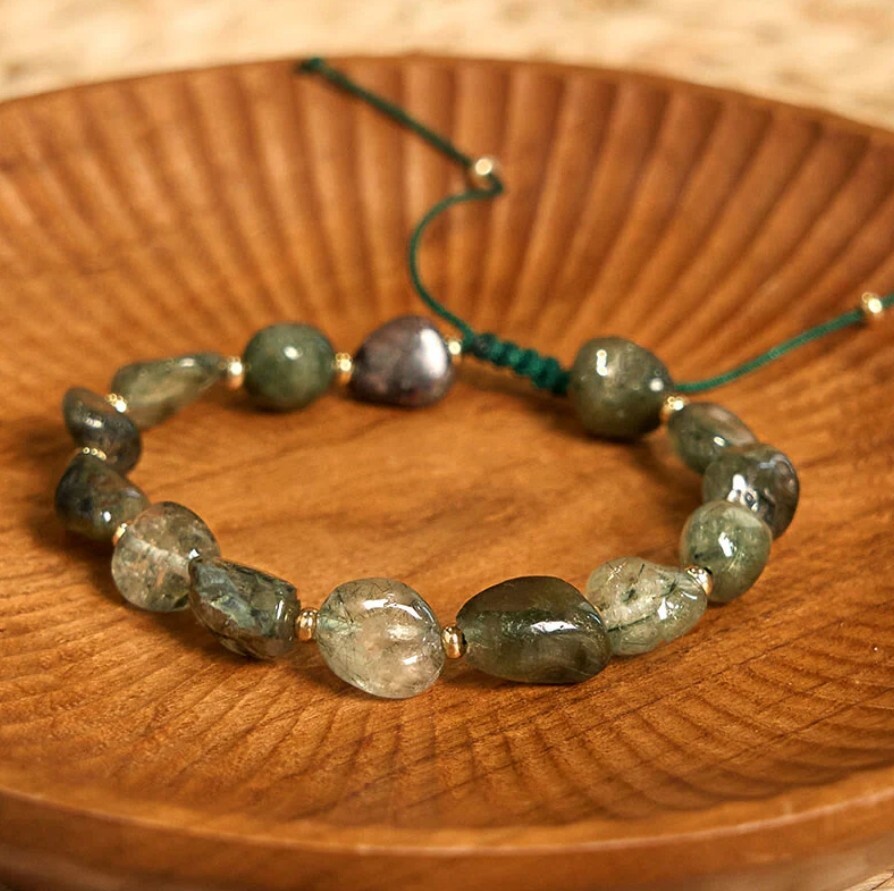 Raw Moss Agate Gemstone Beads Healing Crystal Dainty Bracelet Reiki Energy Gift