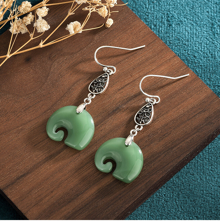 Jade Bohemian Drop Dangle Earrings Elephant Gemstone Boho 18K White Gold Plated