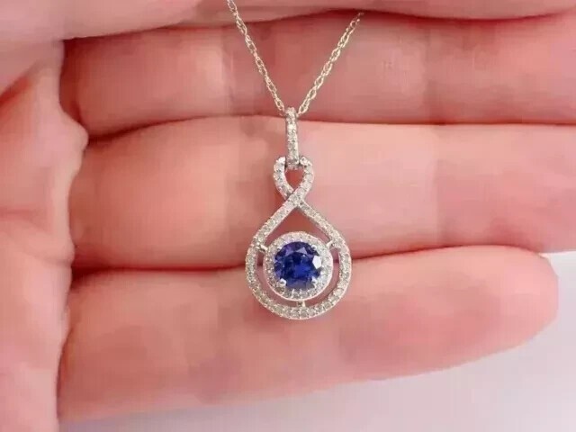 Lovely Halo Pendant 2Ct Round Cut Simulated Blue Sapphire 14k White Gold Plated