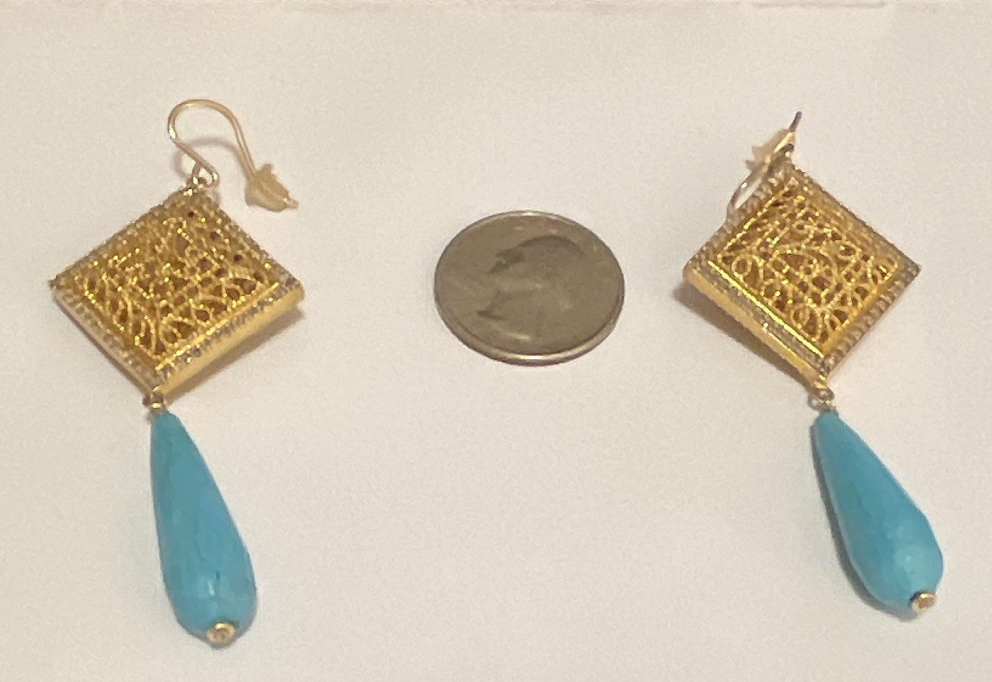 Gold Tone Filigree Blue Teardrop Dangle/Drop Hook Earrings, Metal, No Stone