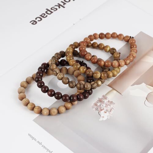 5Pcs Sandalwood Stretch Bracelets for Women Men with Hematite Stone Cross A