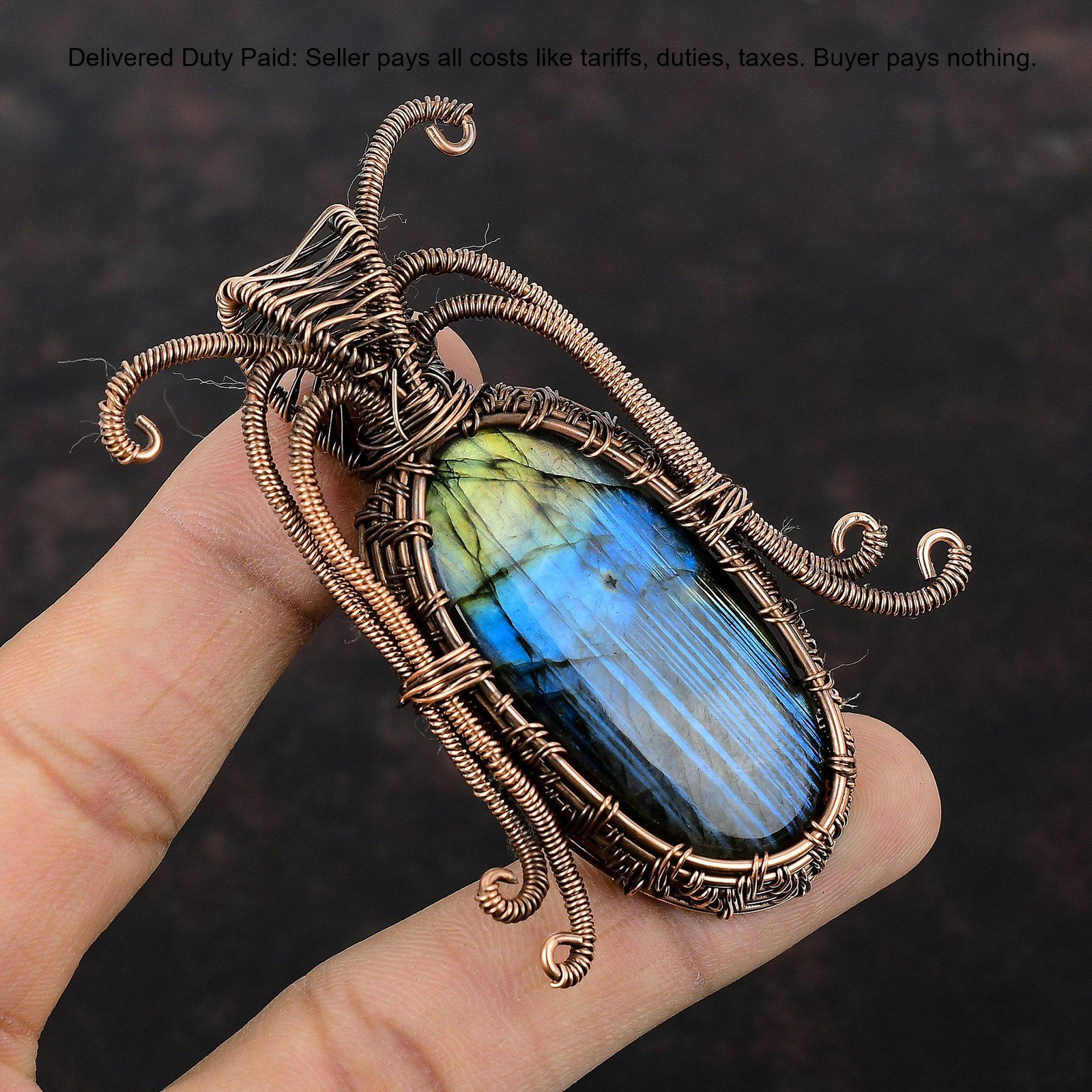 Copper Third Eye Chakra Labradorite Gemstone Unique Wire Wrapped Pendant Jewelry