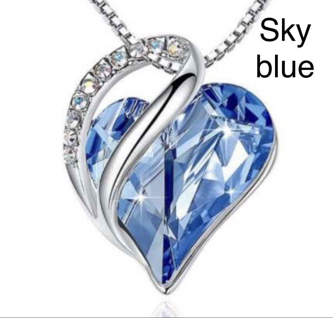 Women Birthstone Heart Silver Necklace Love Crystal Pendant Lady Fashion Gift