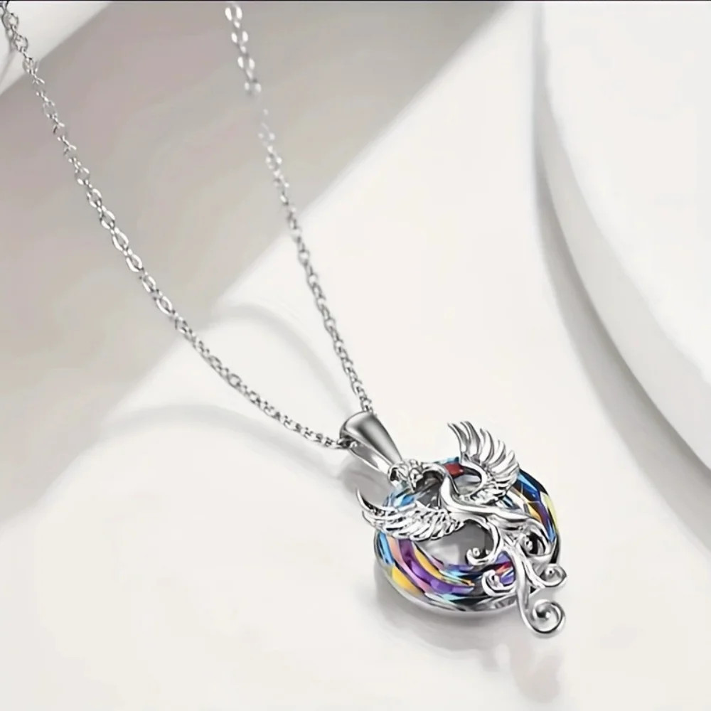 Crystal Phoenix Wings Pendant Necklace Colorful Firebird Clavicle Chain