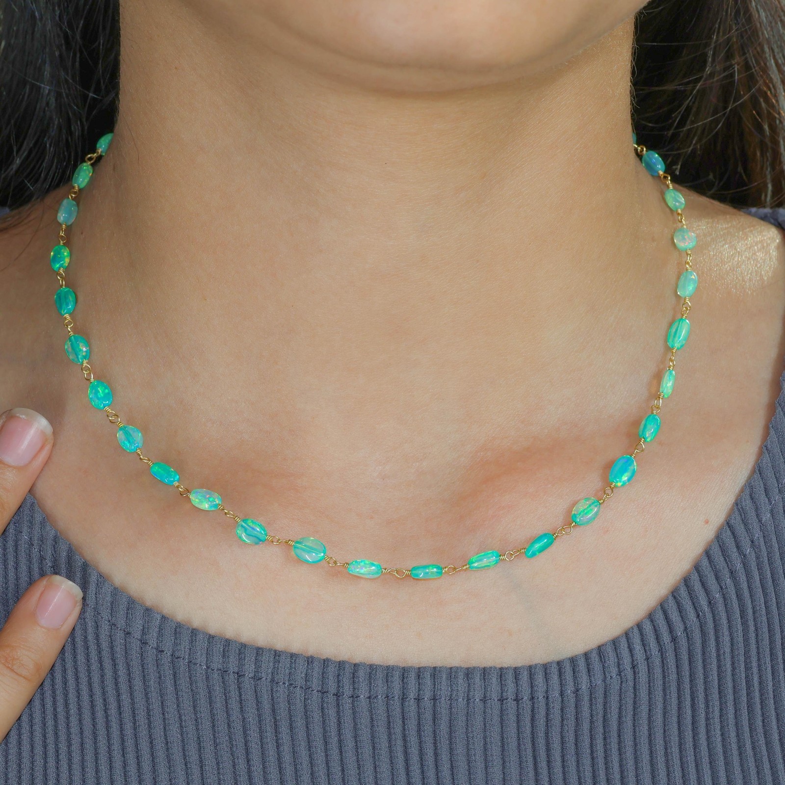 Fire Green Opal Tumble Beads Wire Wrap Necklace, Natural Ethiopian Opal Beaded