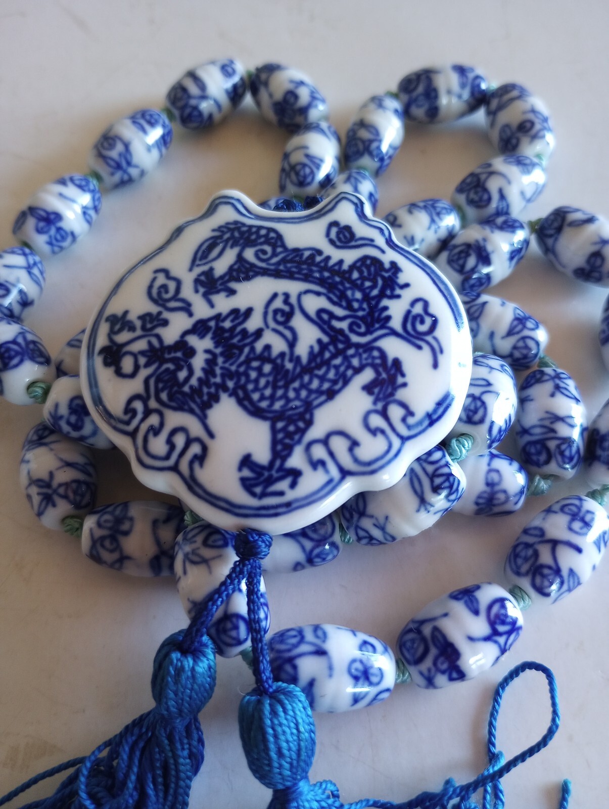 VINTAGE CHINESE PORCELAIN PAINTED FLOWERS DRAGON PENDANT 28 “SILK KNOTTED
