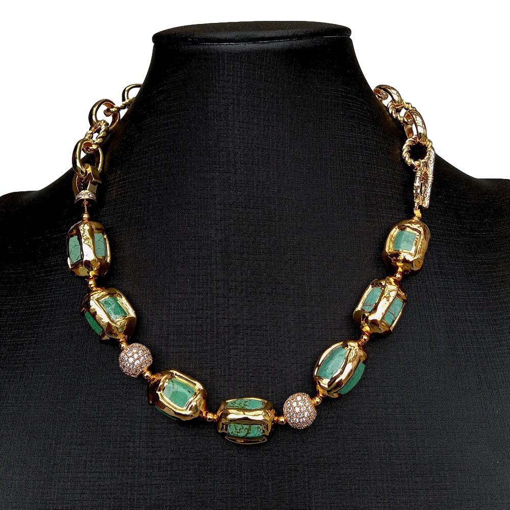 16.5″ Turquoise With Electroplated Edge CZ Pave Beads Chain Choker Necklace