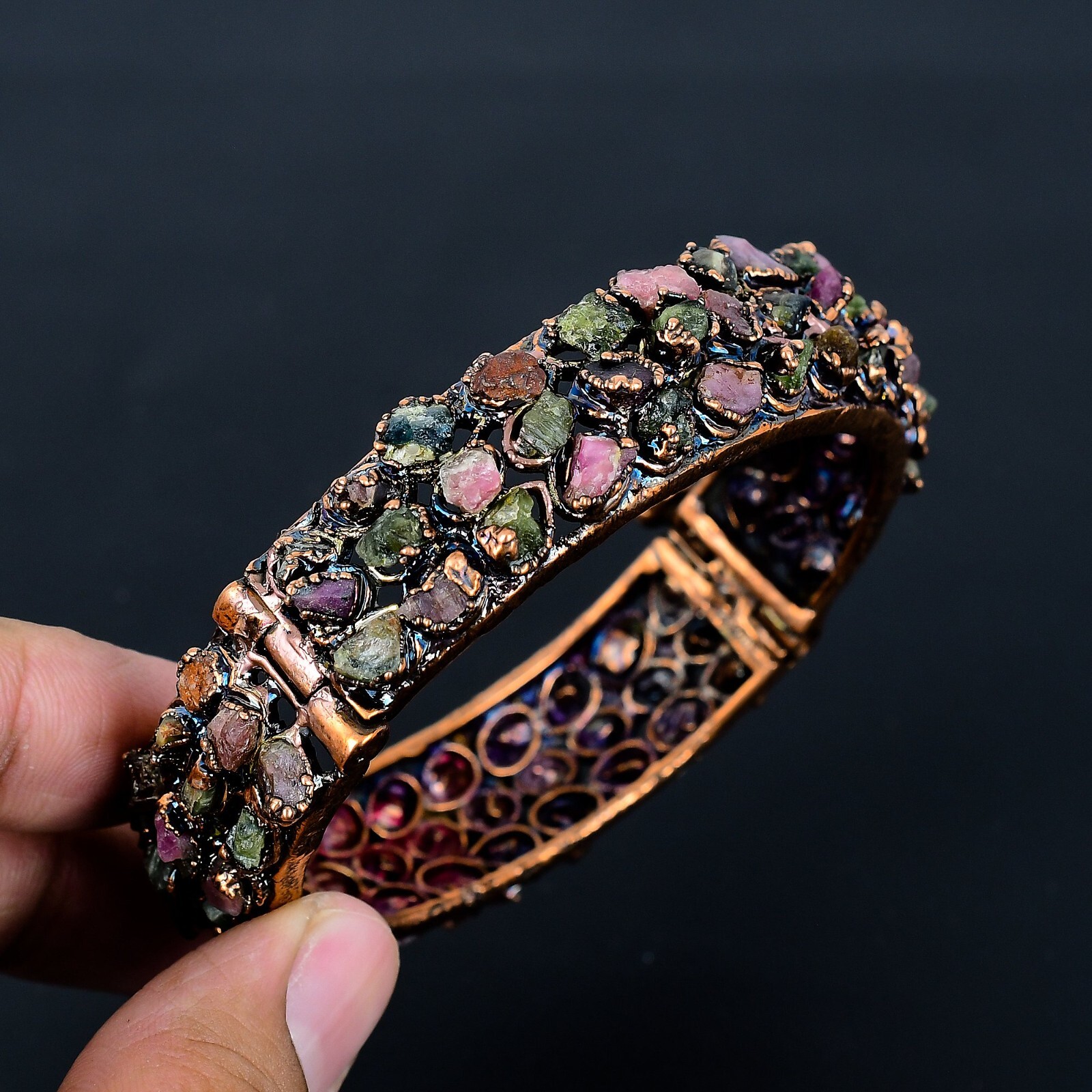 Multi-Tourmaline Balancing Gemstones Copper Wire Wrap Handmade Bangle Jewelry