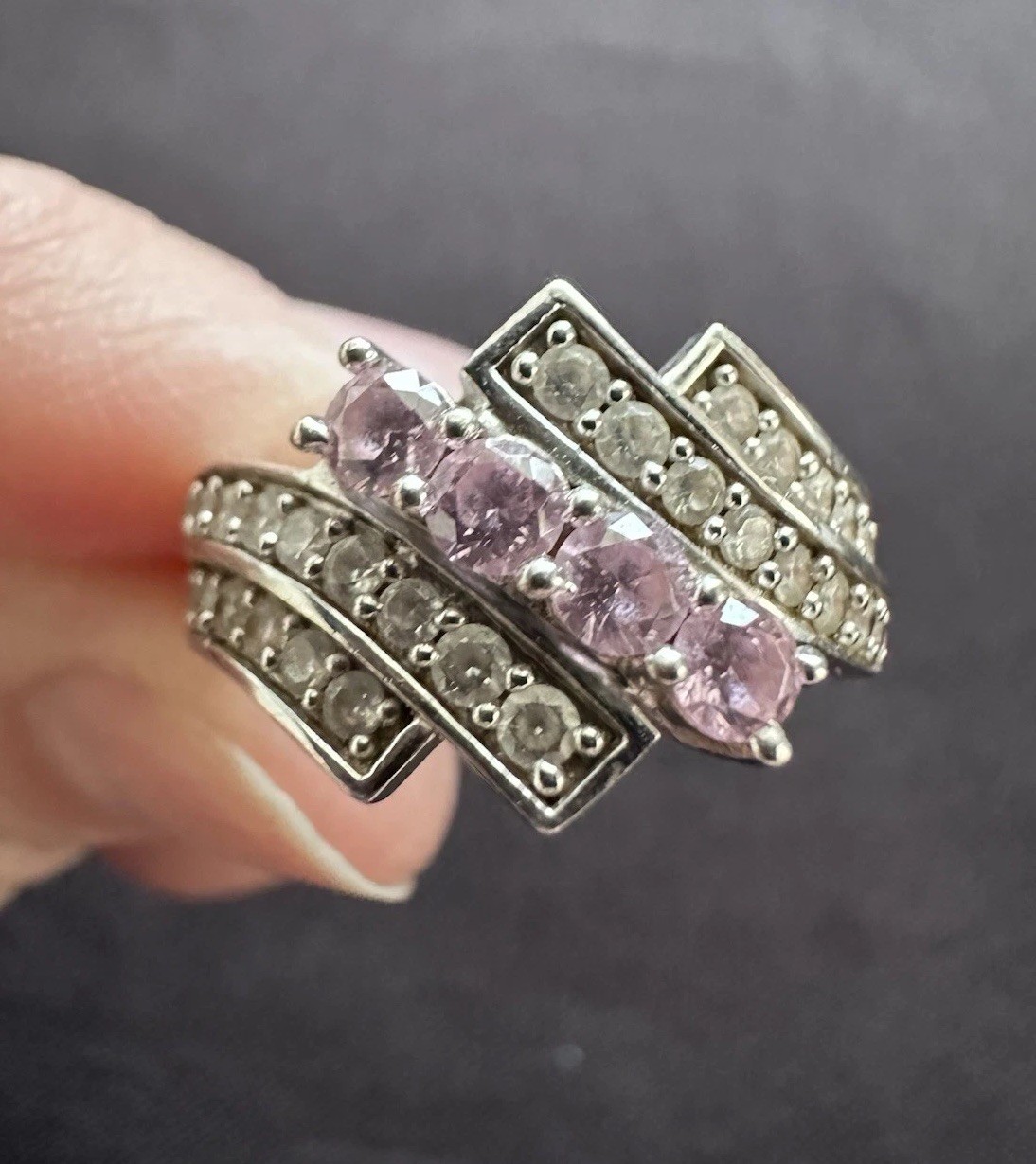 925 Sterling Silver Cubic Zirconia Clear Pink Cocktail Channel Set Wave Size M