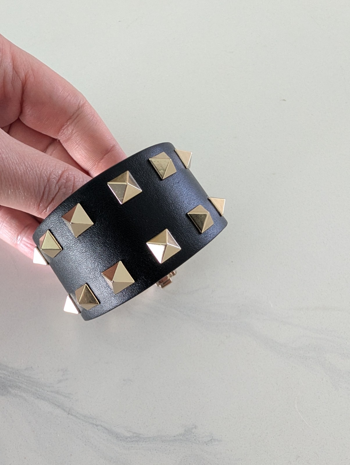 VALENTINO Black Leather Rockstud Wide Cuff Bracelet s Small