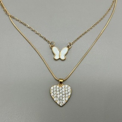 Charlotte Russe Necklace Womens Gold Layered Butterfly Heart Rhinestone 16-18in