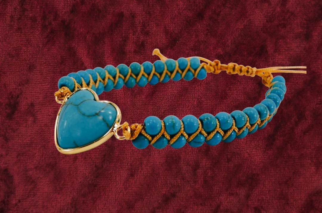 Turquoise stone heart bracelet with all round stones brown cord adjustable New