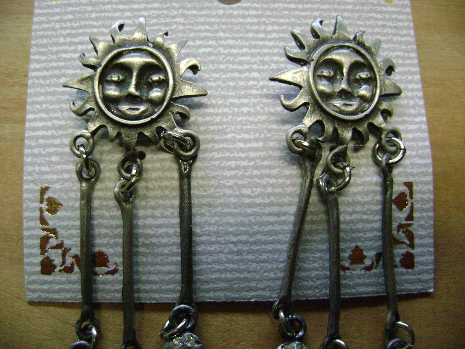 NWT- PEWTER HIPPIE/HOBO DANGLEY SUN WITH FACE, MOON, STARS PIERCED EARRINGS