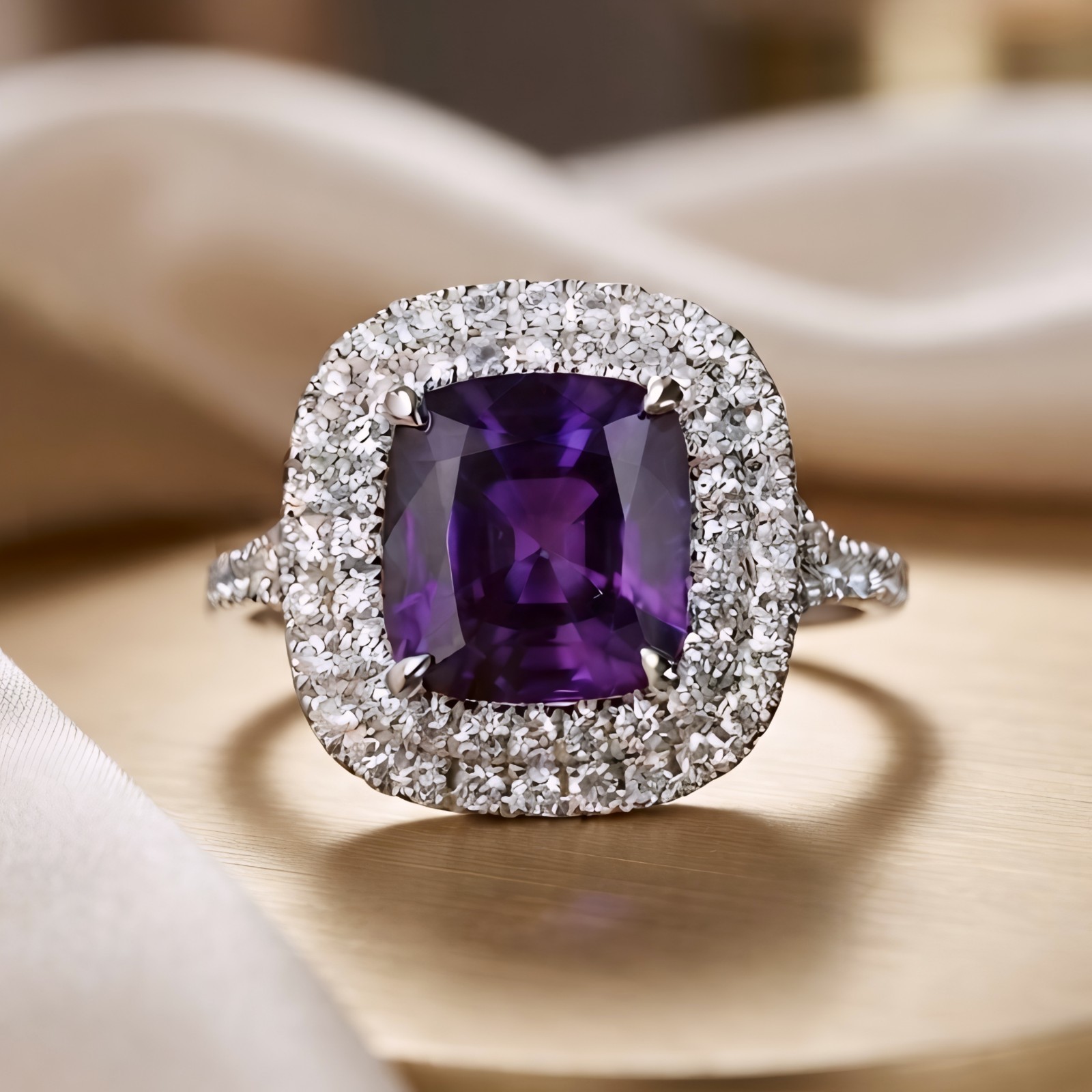 Natural Purple Amethyst Halo Ring 925 Sterling Silver Cushion Cut Handmade Fine