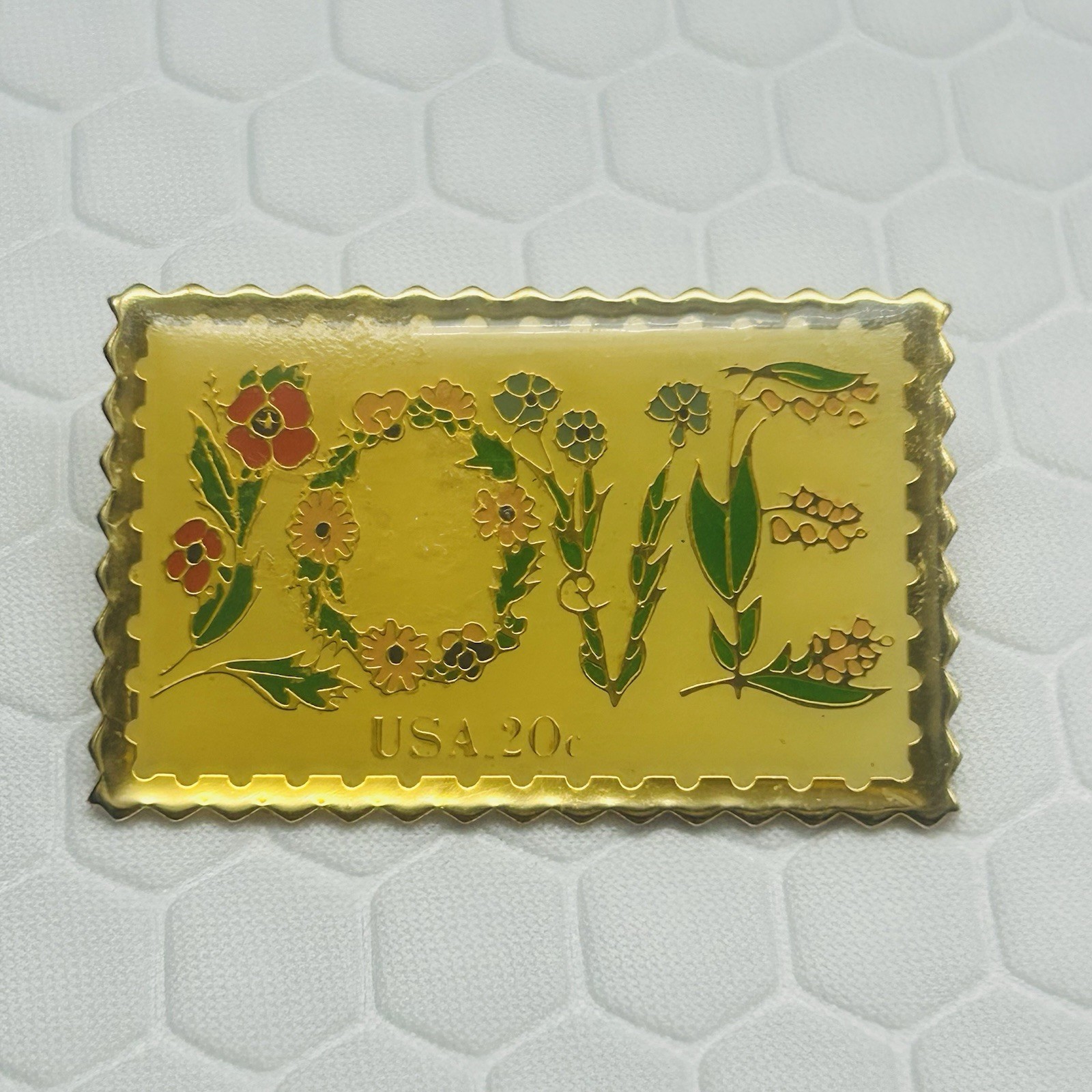 Vtg 1982 USPS Postage Stamp Pin Love Floral Gold Tone Junk Journaling Crafts