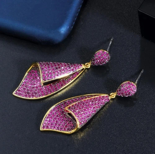 18k Gold Plated Lab-Created Pink Sapphire Drop Earrings Christmas Jewelry Gift