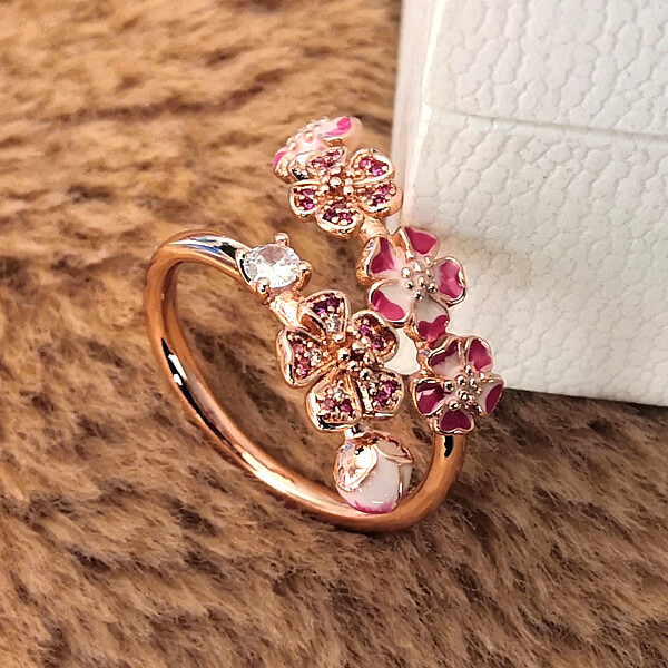 NEW 100% 925 Sterling Silver Rose Pink Peach Blossom Flower Branch Open Ring