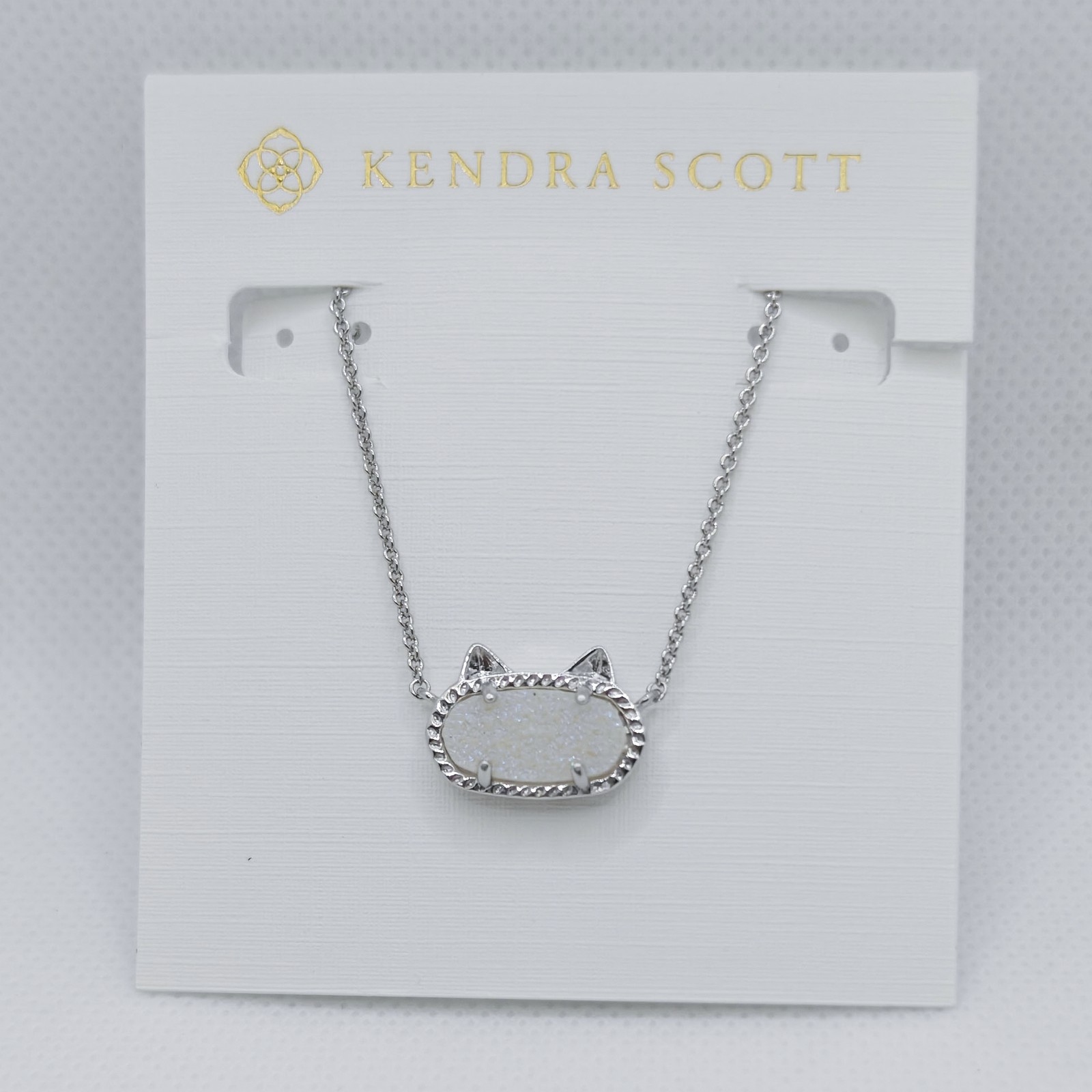 New Kendra Scott Elisa Cat Silver Pendant Necklace In Iridescent White Drusy