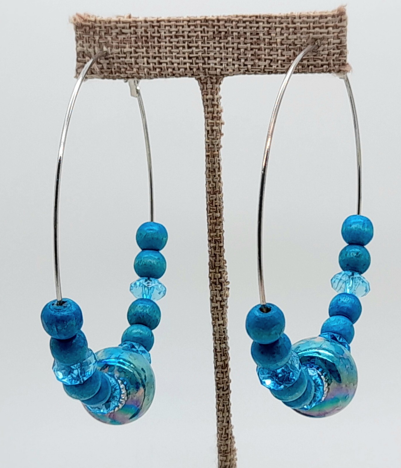 Bohemian Circle blue Wood Beaded plastic Bead Dangle Jewelry Hoop Earrings