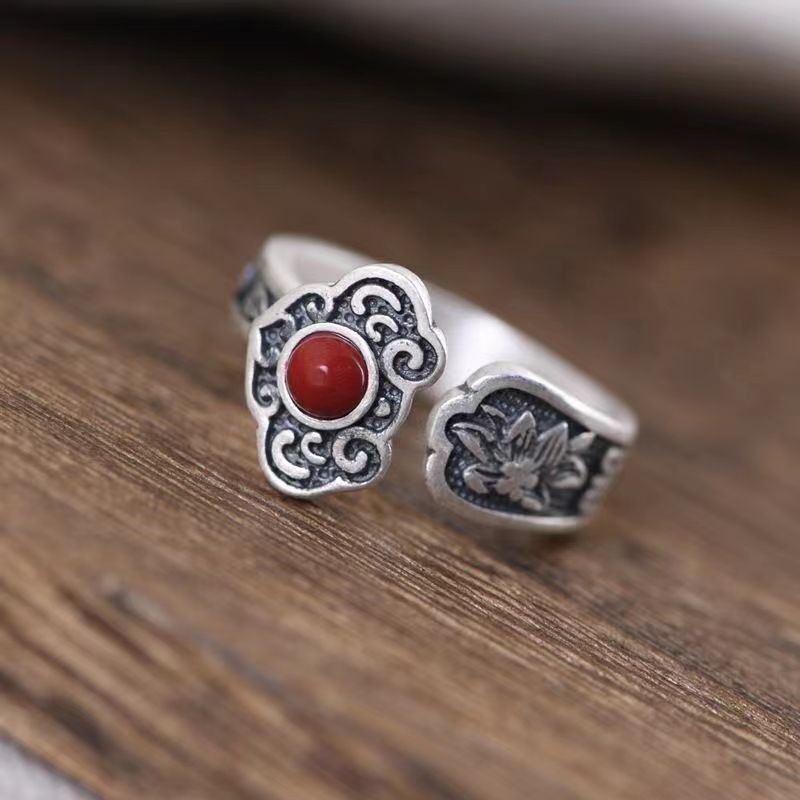 Silver Women’s Ring with Natural NanHong Agate Ruyi Motif One Size Fit All