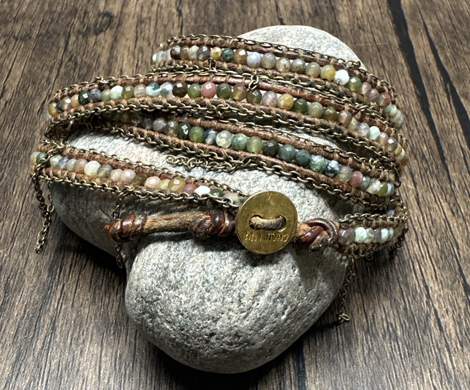 **CHAN LUU** 33” 5x Semi-Precious Stone Leather Cord Wrap-Around Bracelet