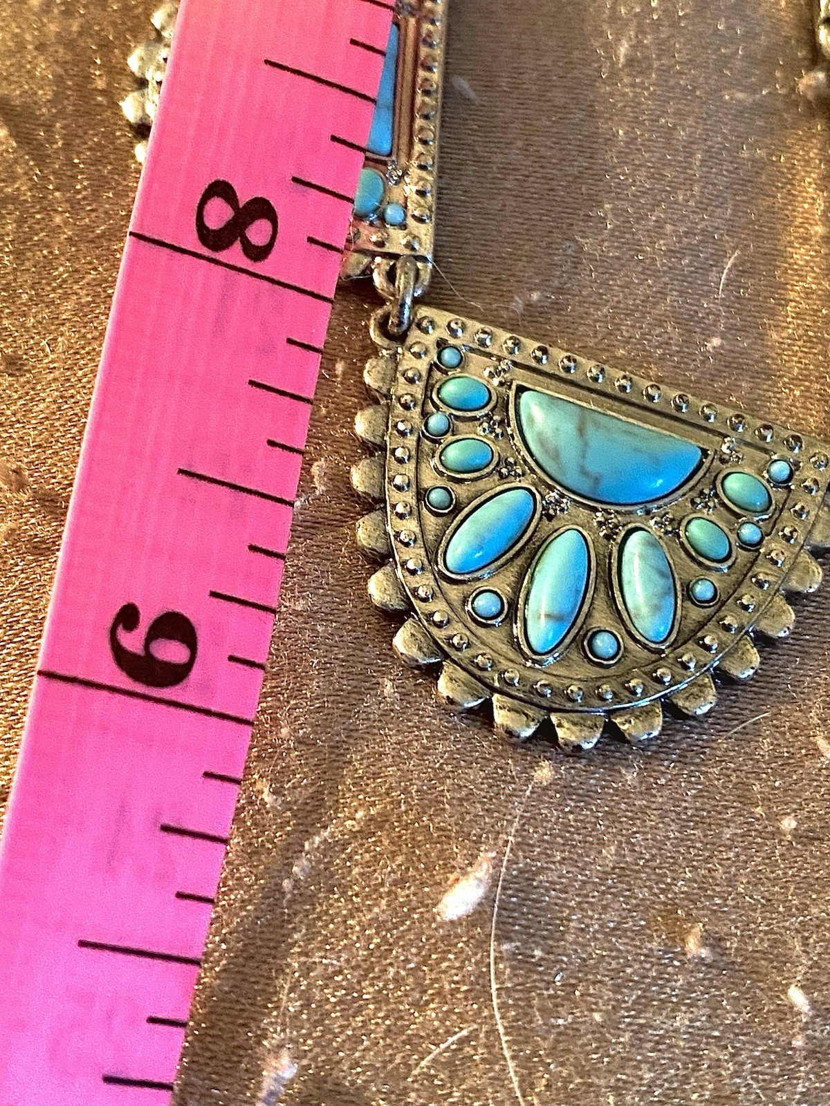 NEW Lucky Brand Boho Bib Necklace Turquoise Green Stone Fan Panels Gold