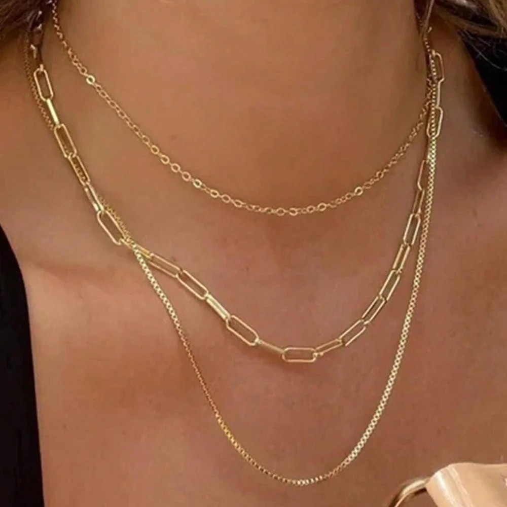 3pcs Womens Necklace 18K Gold Plated Stainless Steel Chain Woman Fashion Jewelry