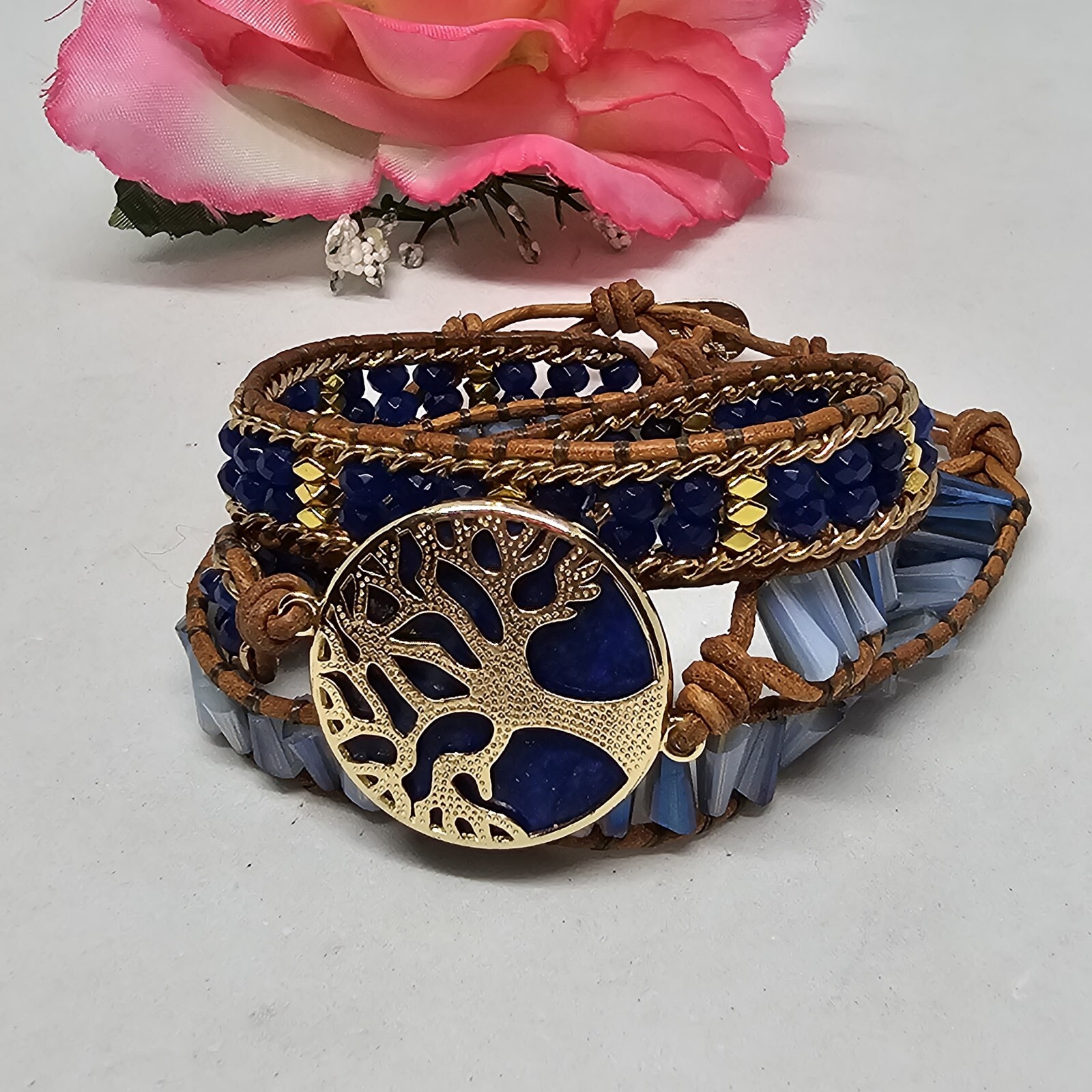 Blue Lapis Lazuli Tree of Life Bracelet Gold Crystal Braded Wrap Leather Boho