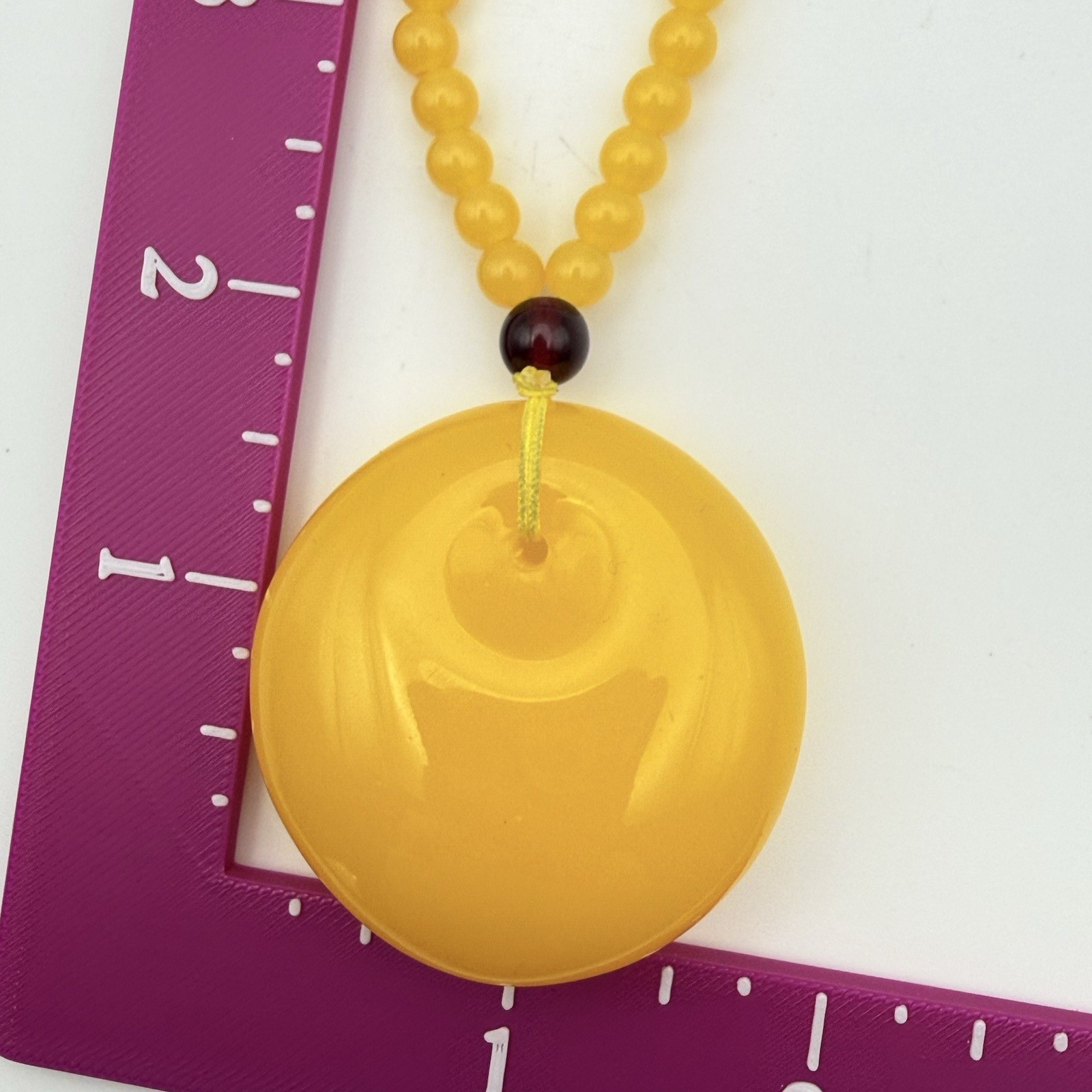 Retro Yellow Plastic Beaded Necklace Large Disc Pendant Statement Boho