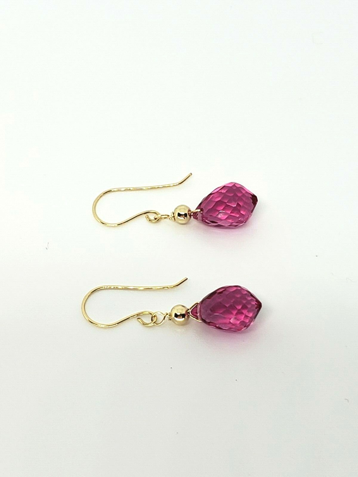 14k Yellow Gold Pink Rubellite Tourmaline Quartz Briolette Drop Dangle Earrings