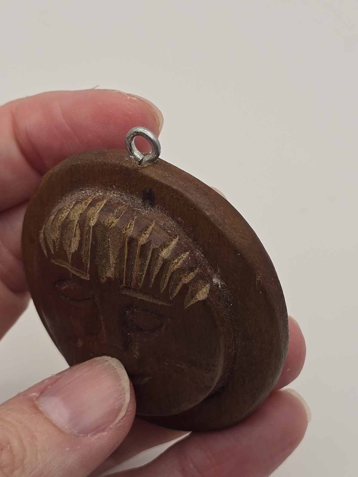 Vintage Handmade Folk Art Carved Wood Relief Wooden Moon Face Necklace Pendant