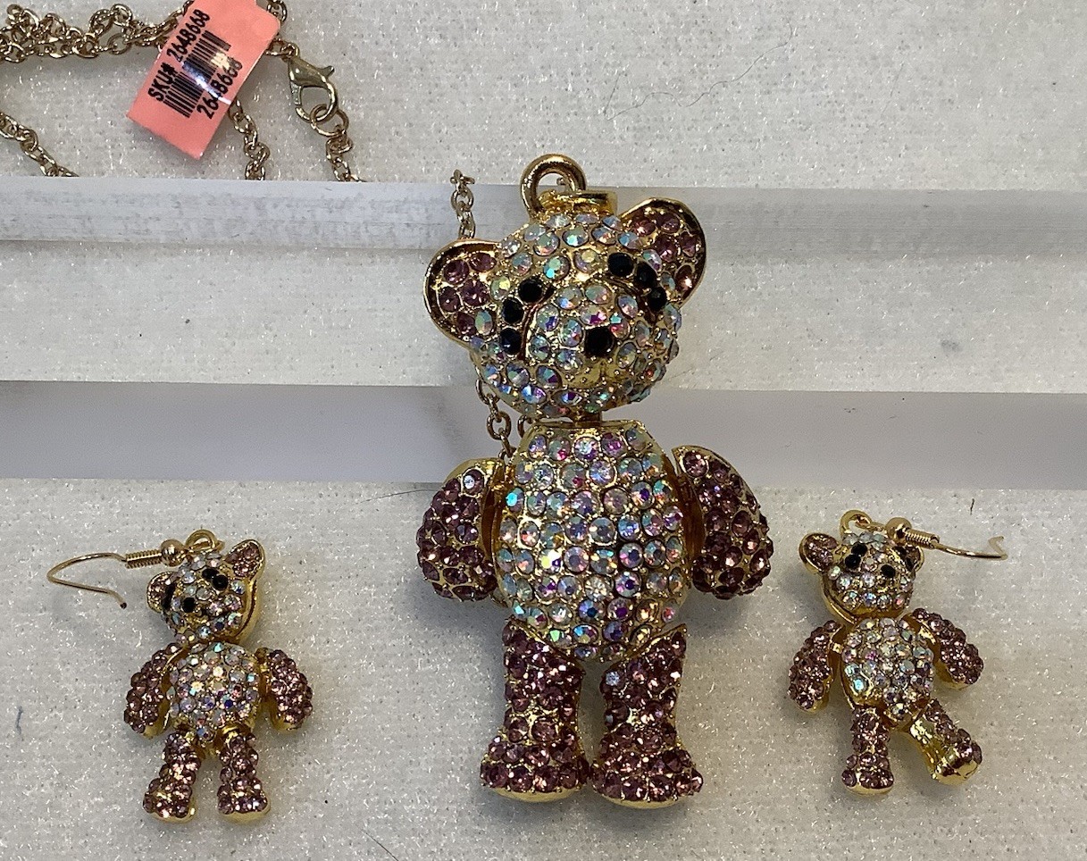 Adorable Gold Tone & Pink Rhinestone Articulated Teddy Bear Necklace & Earrings