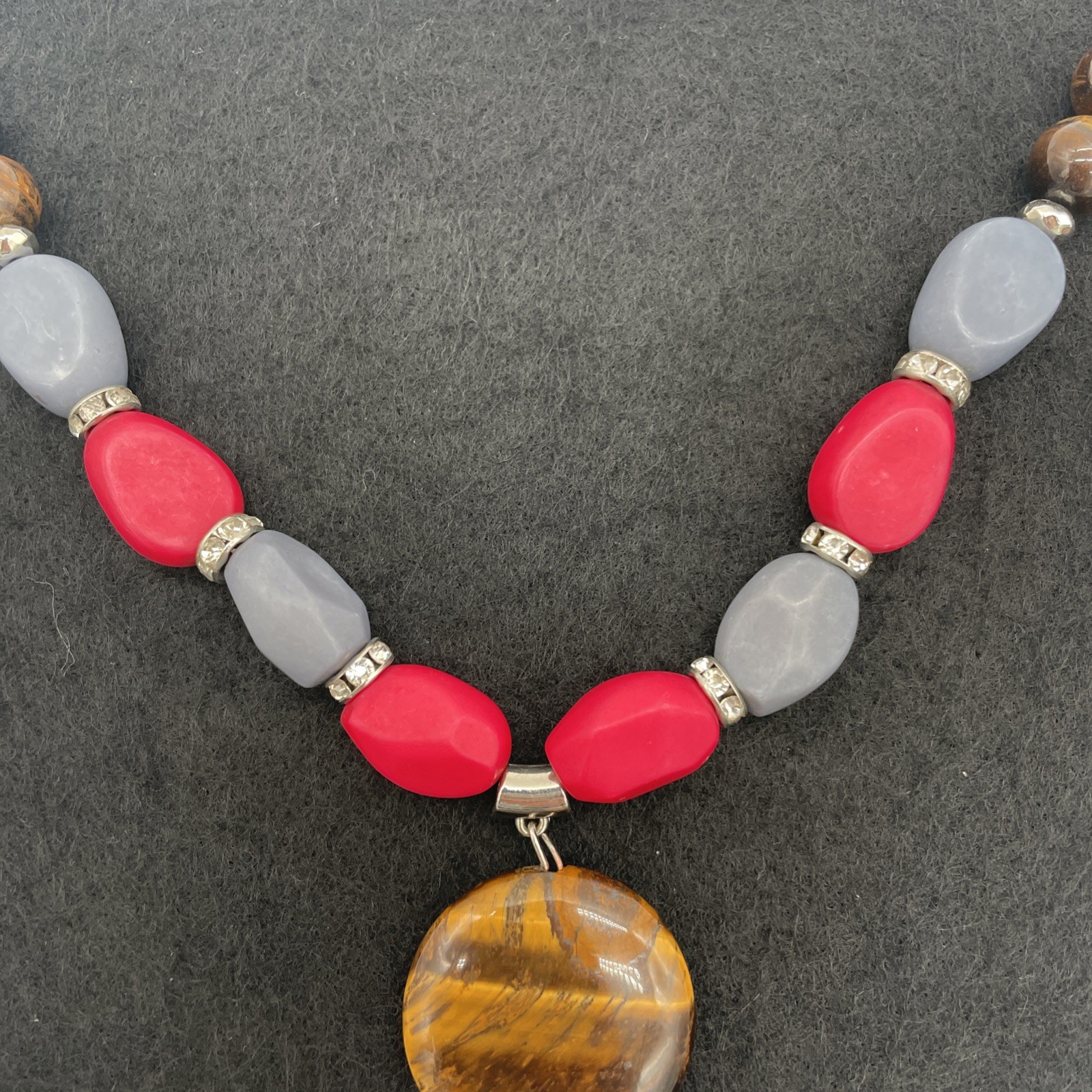 C1946 Multicolor Beaded Necklace Pendant With Silver Tone Spacers & Brown Cord