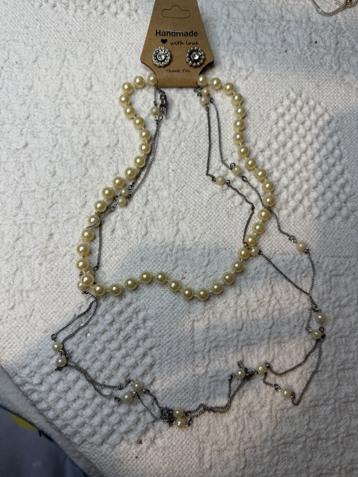 Handmade Faux Pearl Necklace & Crystal Stud Earrings Jewelry Set, Cream/Silver