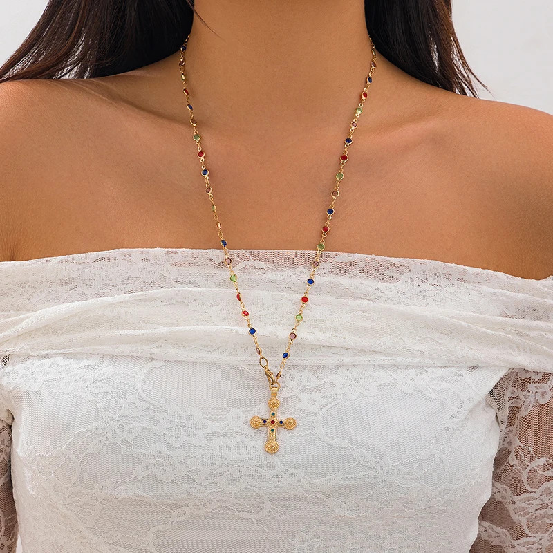 Y2K Fashion Boho Geometric Colored Crystal Chain Necklace for Women Female Vinta
