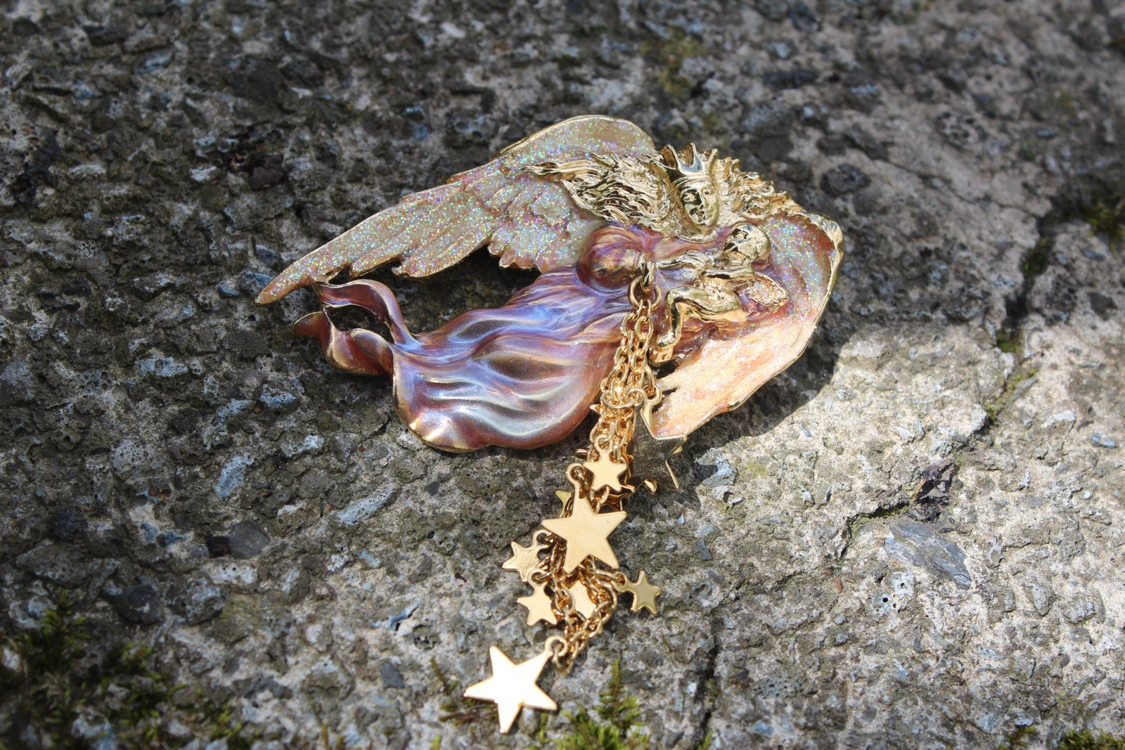 Kirks Folly Fairy Godmother and Child Angel Brooch Pin w/ Dangling Star Charms