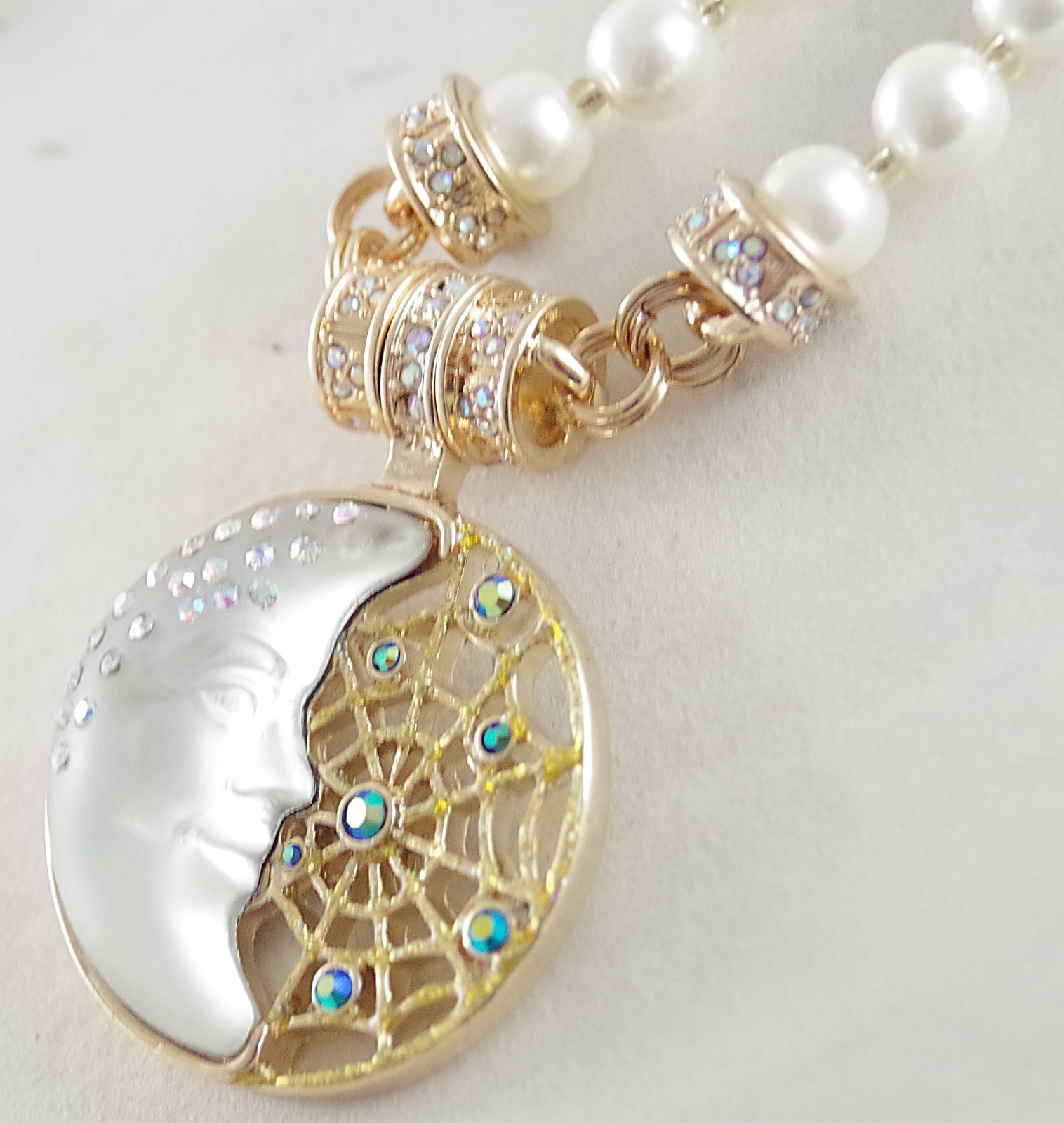 KIRKS FOLLY AB CRYSTAL RHINESTONE WHITE MOON/ DREAM CATCHER ENHANCER NECKLACE