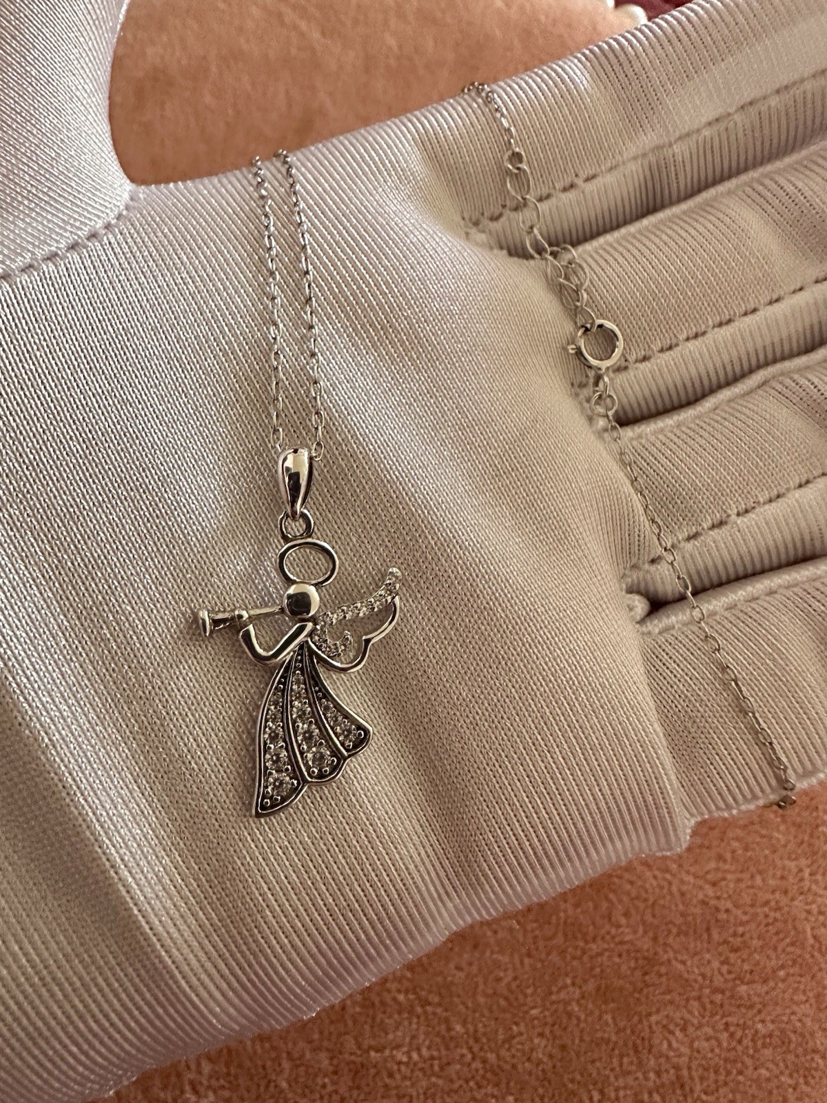 Sterling Silver Cubic Zirconia Angel Necklace 16-18”