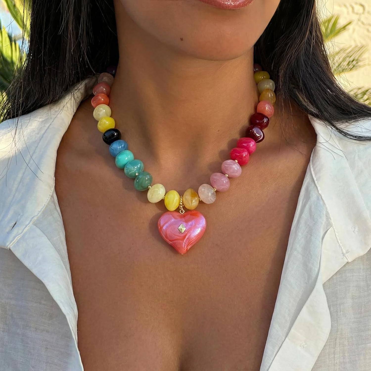 Chunky Heart Necklace for Women, Colorful Acrylic Beaded Statement Puff Heart Ne