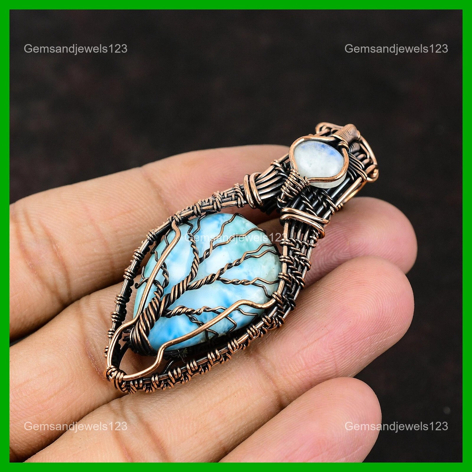 Pear Larimar Stone Rainbow Moonstone Birthday Wire Wrap Pendant Jewelry Copper