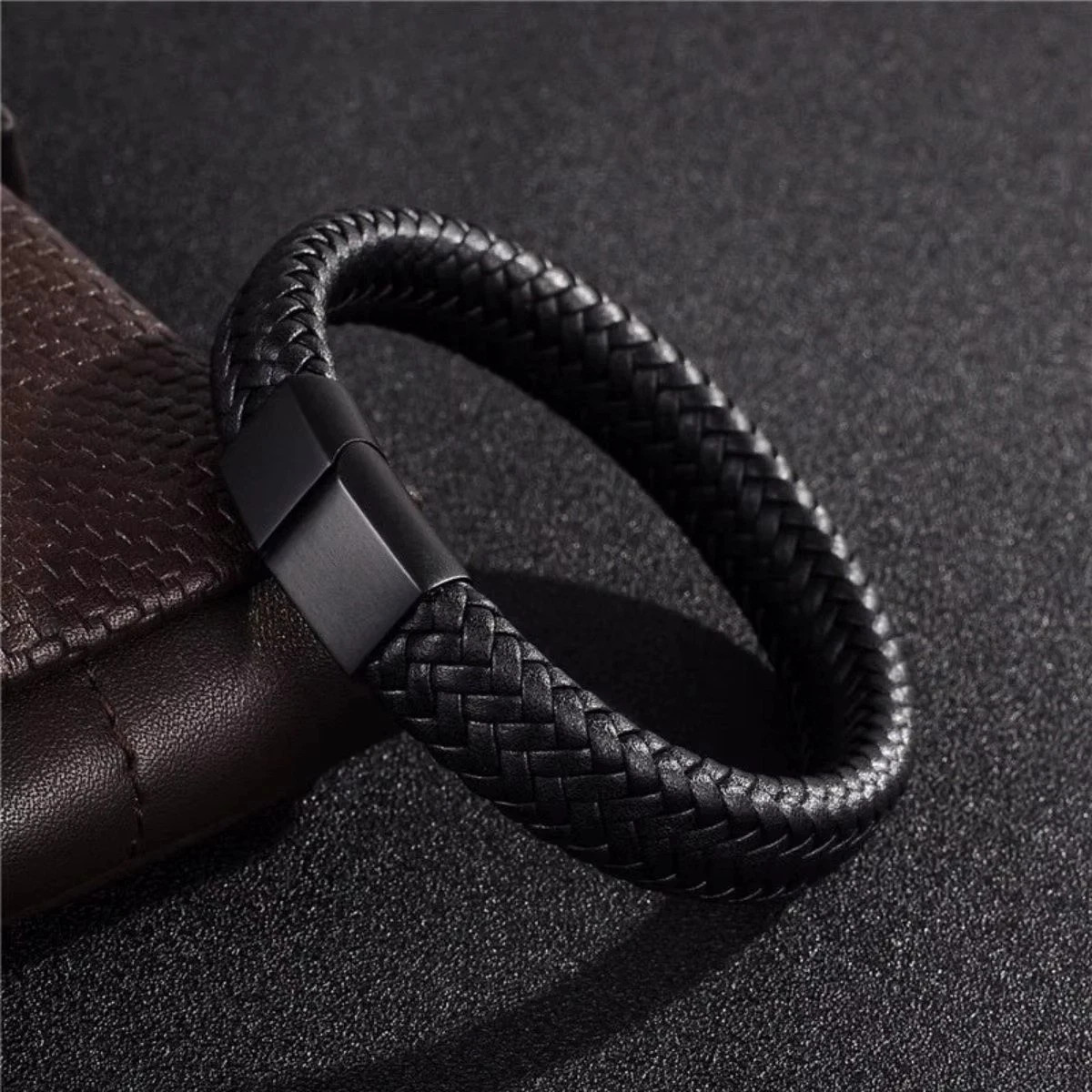 Black Bracelet Men’s Braided Leather Bangle Stainless Steel Cuff Wristband USA