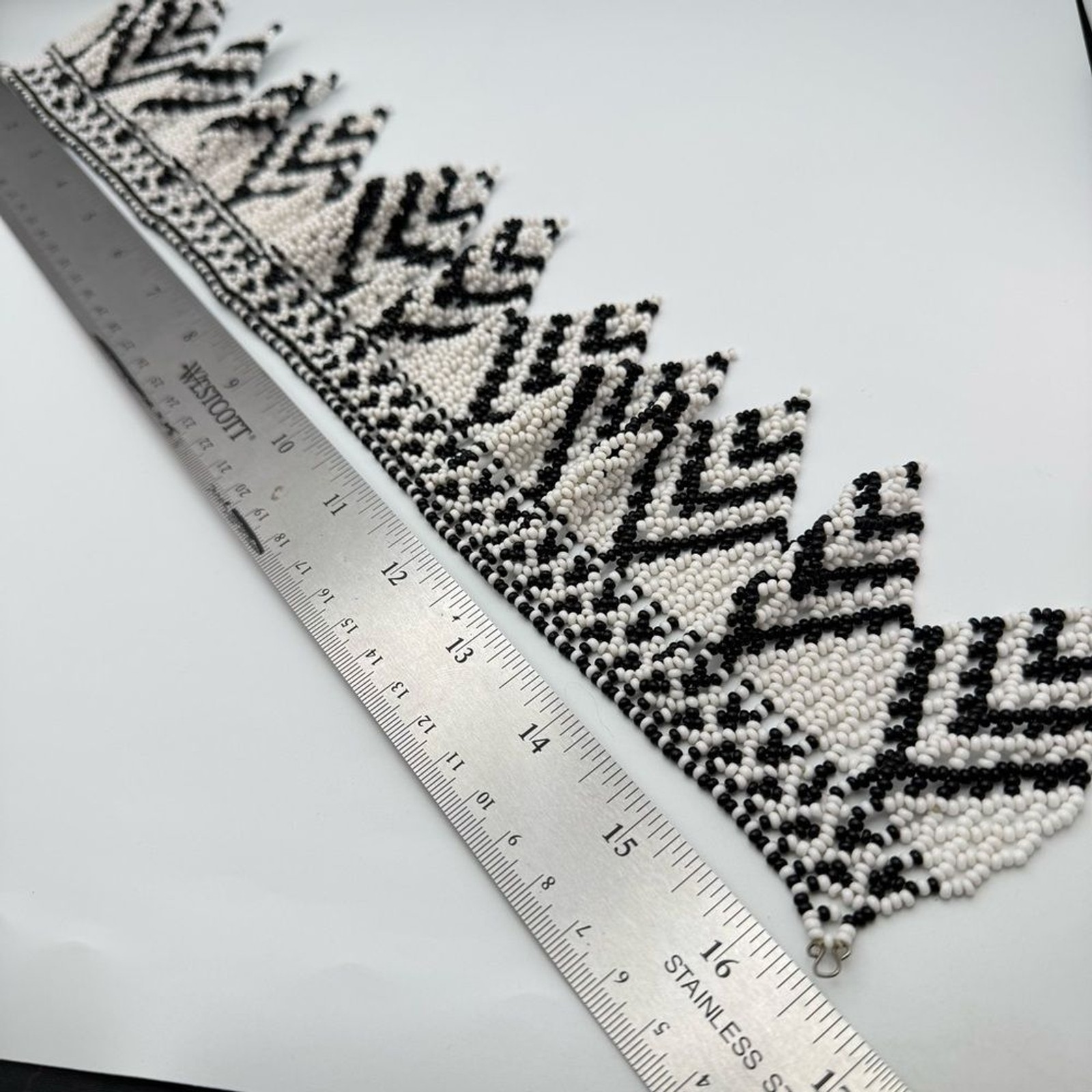 Hand Beaded Black & White Tribal Collar Necklace Statement Bib