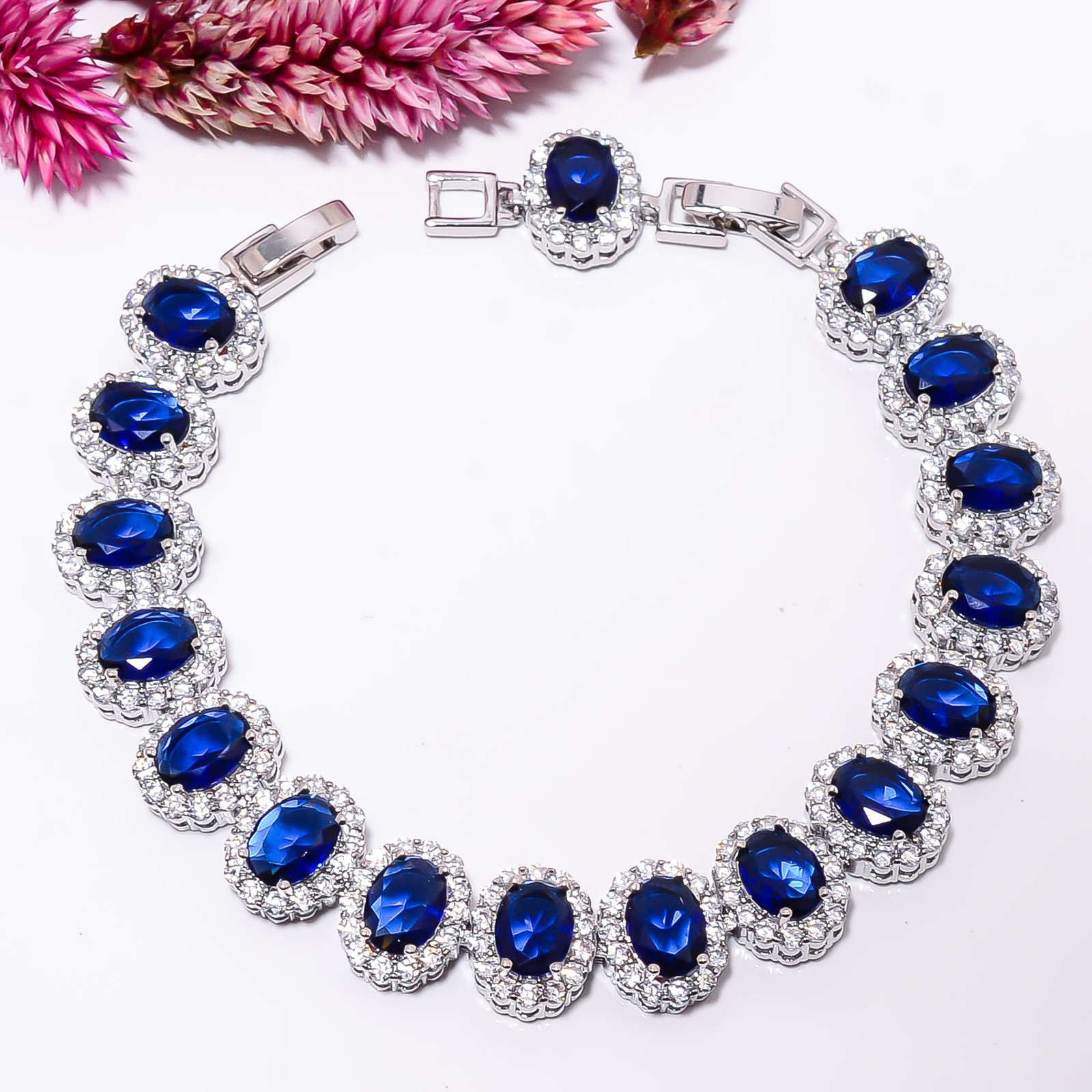 Blue Sapphire -Simulated, CZ 925 Sterling Silver Adjustable Bracelet 7-8″ B1822