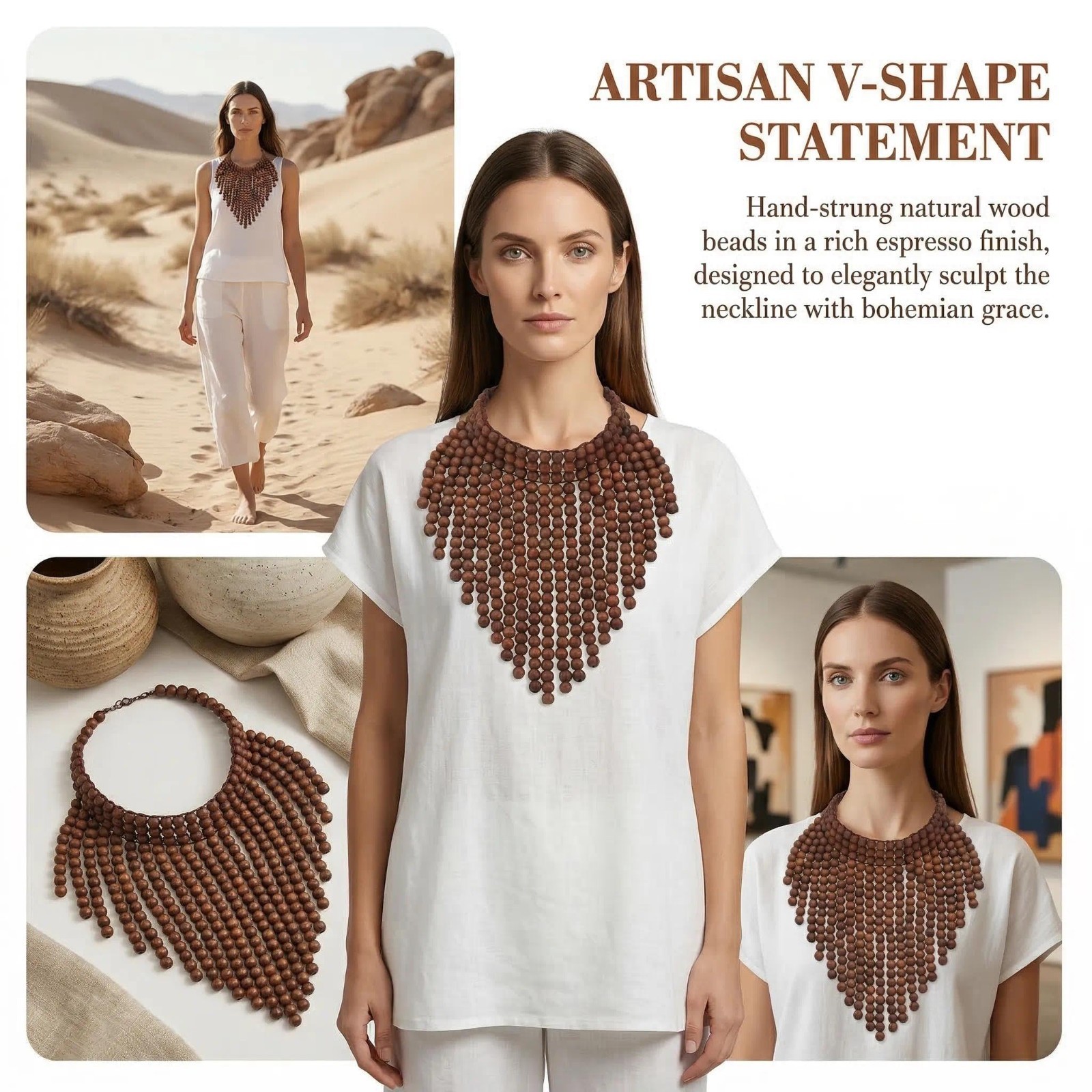 Boho African Wooden Acrylic Beaded Bib Necklace – Chunky Layered Collar Choker