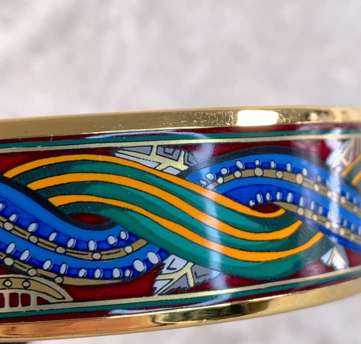 Vintage Hermes Bangle Bracelet Red Green Blue Enamel Mermaid Ladies Gold Rim 65