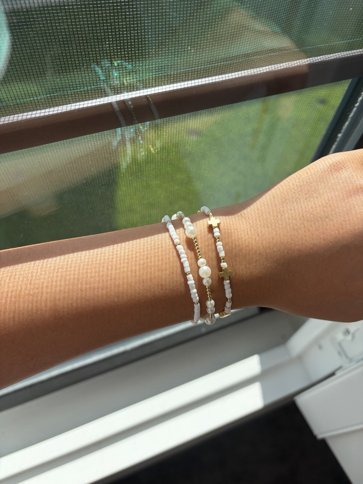 Set of 3 White Round Faux Pearl Beaded Bracelets w/ Gold-Tone Star Accents