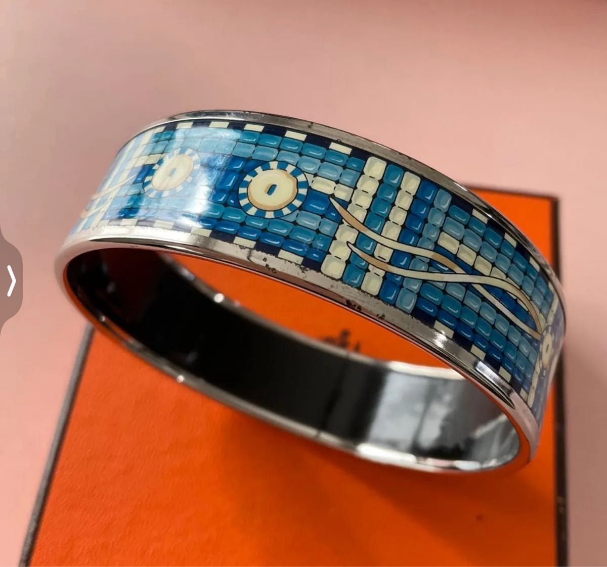 HERMES Cloisonne Enamel Email GM Bangle Bracelet Royal Blue Silver Women